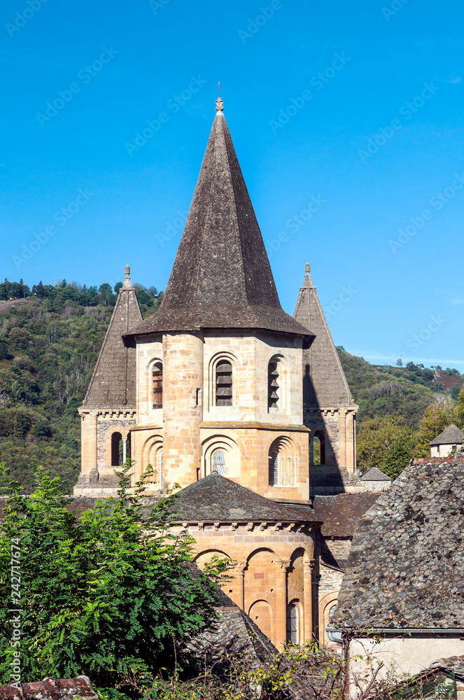 Streets of Conques in the mountains of southern France on a sunny day