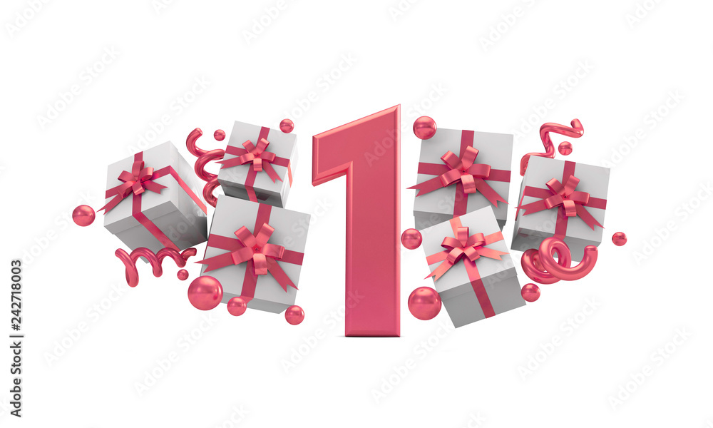 Obraz premium Number 1 pink birthday celebration number with gift boxes. 3D Rendering