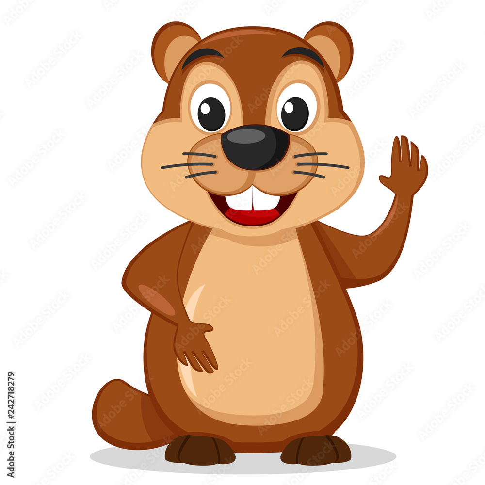 Groundhog stands on a white background and waving his paw.