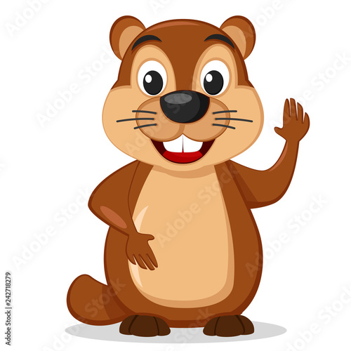 Groundhog stands on a white background and waving his paw.
