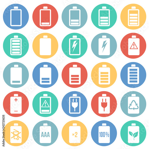 Battery icons set on color circles background for graphic and web design, Modern simple vector sign. Internet concept. Trendy symbol for website design web button or mobile app