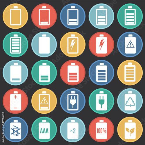 Battery icons set on color circles black background for graphic and web design, Modern simple vector sign. Internet concept. Trendy symbol for website design web button or mobile app