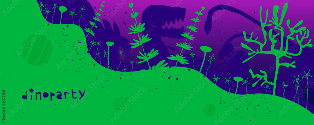 Hand drawn dinosaurs and relict plants with lettering. Jurassic reptiles flat character