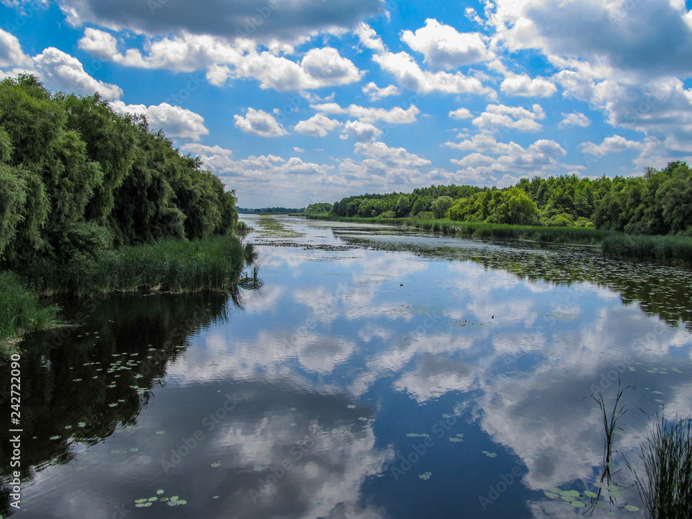 Views of Hungarian nature reserve Kis Balaton (Little Balaton)in the near from Lake Balaton with blue Sky ,green Vegetation and blue Water