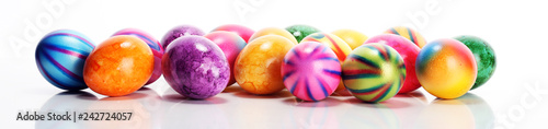 Row of Easter eggs on table. easter decoration