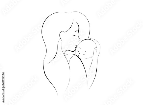 mother and baby stylized vector symbol, mom hugs her child logo template