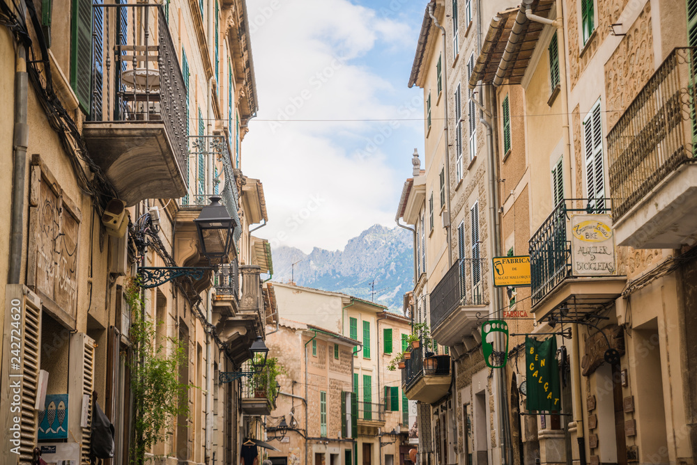 Soller, Mallorca, Spain - 04.11.2018: street with traditional old buildings