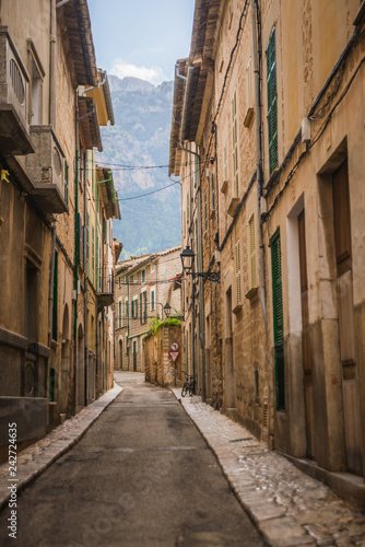 Soller, Mallorca, Spain - 04.11.2018: street with traditional old buildings