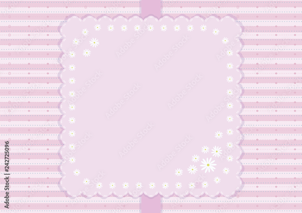 Pink striped vector card with ribbon and napkin with a floral pattern of daisies. Pink striped vector card with ribbon and napkin with a floral pattern of daisies.