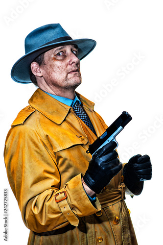 Psychotic vintage detective with gun 