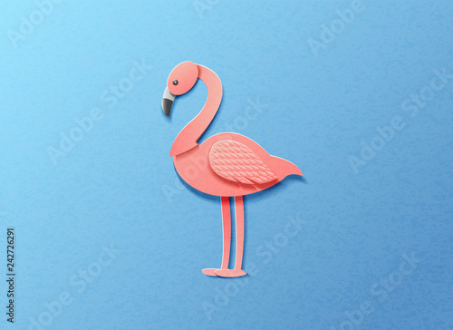 Vector illustration in minimal style of pink flamingo on blue background. Paper cut style