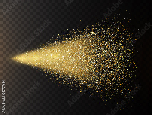 Gold glitter spray on transparent background. Glowing drops in motion. Golden magic star dust. Light particles. Bright glitter explosion. Sparkling firework. Vector illustration