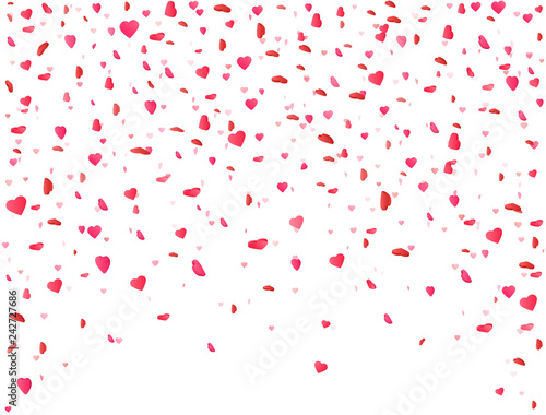 Heart confetti falling on white background. Flower petal in shape of heart. Valentines Day background. Color confetti for greeting cards  wedding invitation  gift packages. Vector illustration