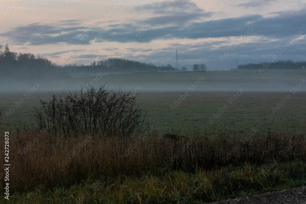 Obraz premium sunrise in the countryside, fog on the field with small hills, small groves in the distance; The sky is yellow with blue clouds