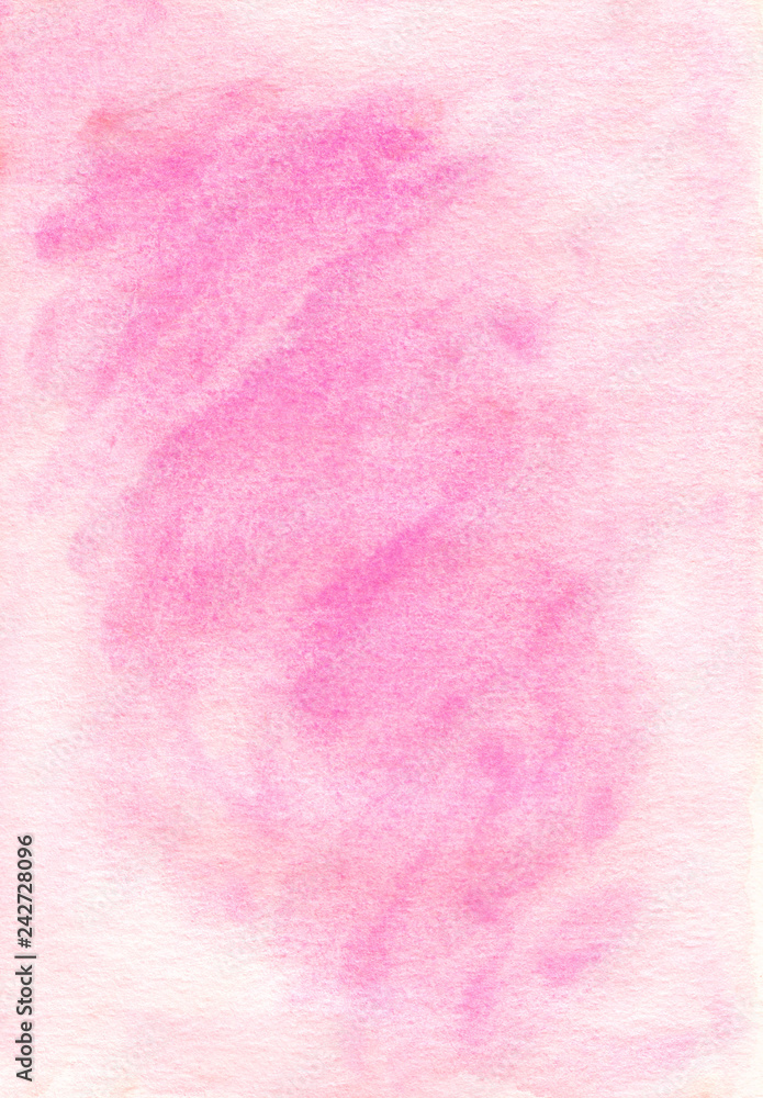 Light pink watercolor background texture. Pastel pink aquarelle stains on paper. Watercolor hand painting romantic backdrop. Vintage abstraction. Light rose watery background for cards, invitations.