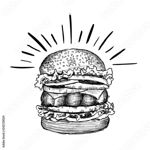Vector black hand drawn burger on white background