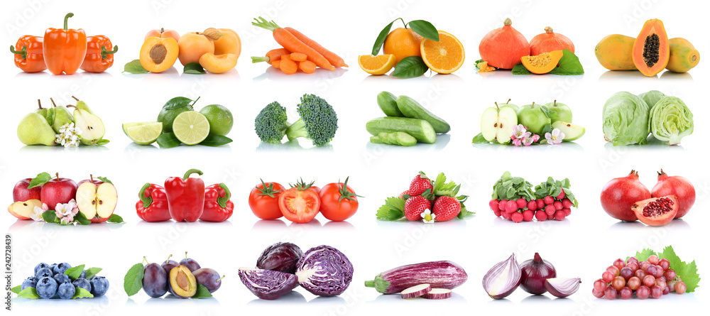 Früchte Obst und Gemüse Sammlung Apfel Birnen Orange Bananen Salat Erdbeeren Farben frische Freisteller freigestellt isoliert Früchte Obst und Gemüse Sammlung Apfel Birnen Orange Bananen Salat Erdbeeren Farben frische Freisteller freigestellt isoliert