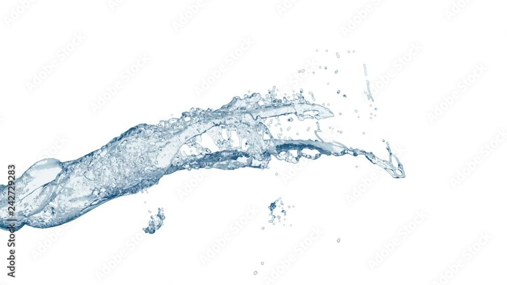 4k slow motion 3d blue vortex water flow with a splashes isolated on a white background with alpha matte