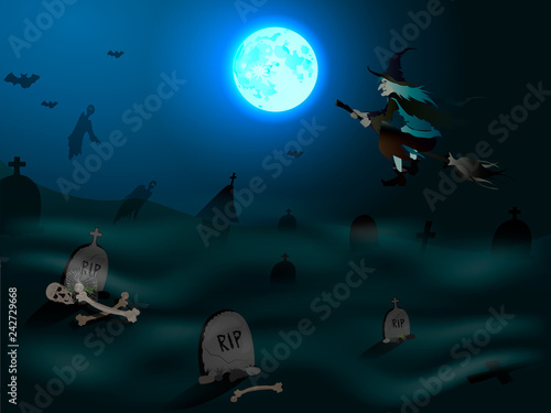 Halloween background with flying witch over graveyard on the full moon. Vector illustration