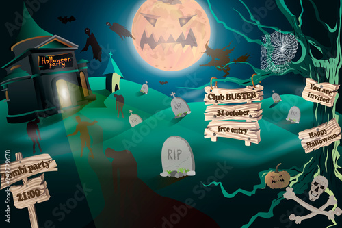 Flyer or invitation template for Halloween party. Vector illustration. Halloween poster with zombie, crypt, witch, pumpkin and graves