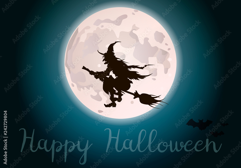 The old witch flies on a broomstick in the night sky against the background of the full moon.Haloween concept. Vector illustration. The old witch flies on a broomstick in the night sky against the background of the full moon.Haloween concept. Vector illustration.