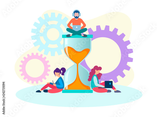 Young people with laptops and mobile phones online around the hourglass.