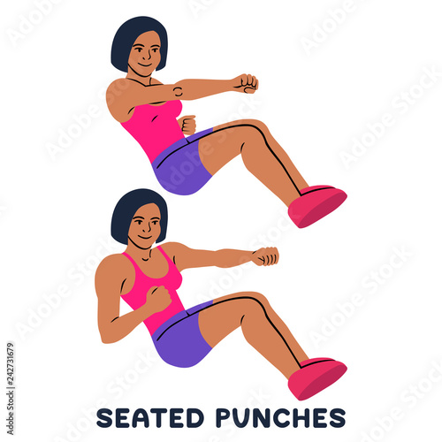 Seated punches. Sport exersice. Silhouettes of woman doing exercise. Workout, training.