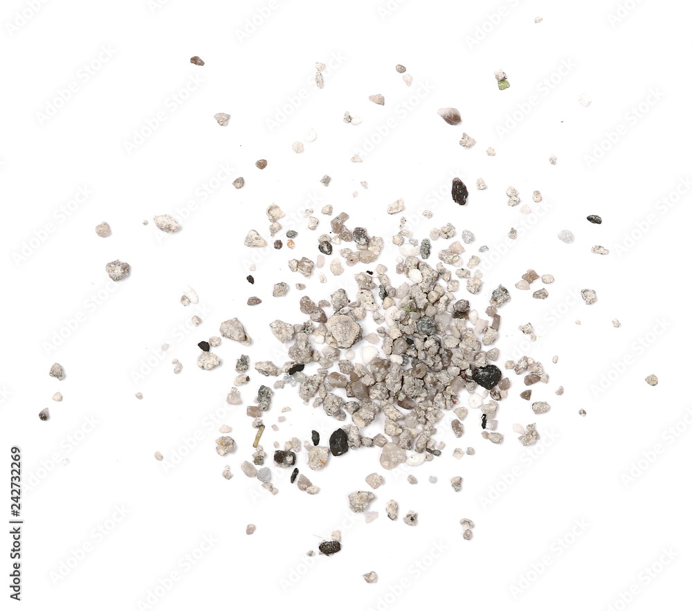 Pile gunpowder, black powder isolated on white background, macro top view
