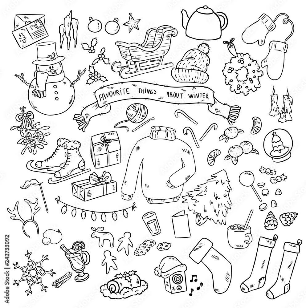 Christmas doodles set. Winter favourites. Vector stickers illustration.