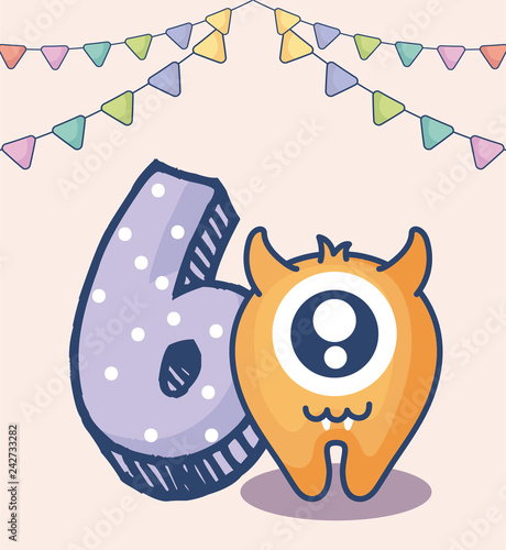 cute monster with number six birthday card