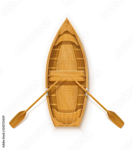 Wooden boat with paddles for fishing. River and marine