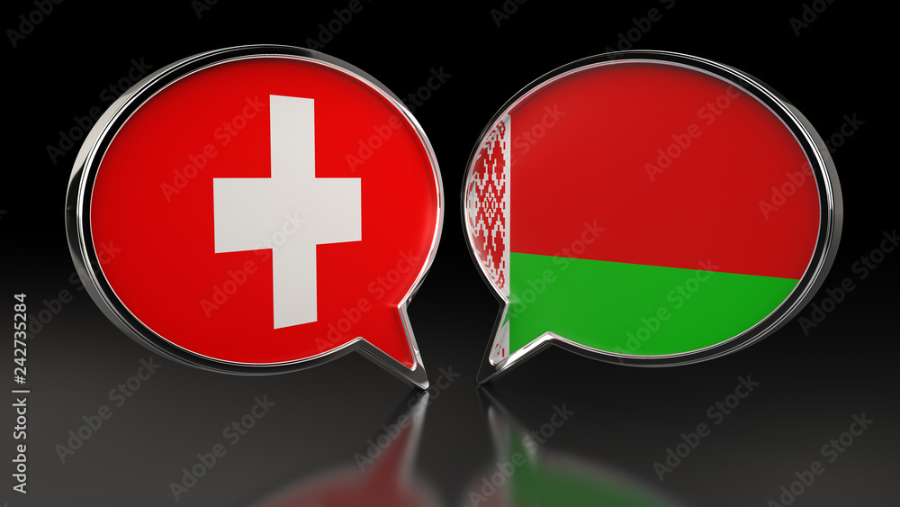 Fototapeta premium Switzerland and Belarus flags with Speech Bubbles. 3D illustration