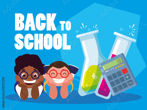 little interracial students boys with school supplies