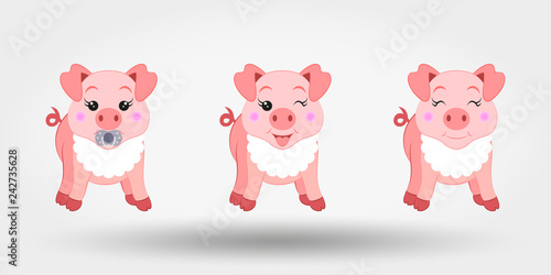 Cute baby pigs in bib. Icon. Vector illustration. Flat design