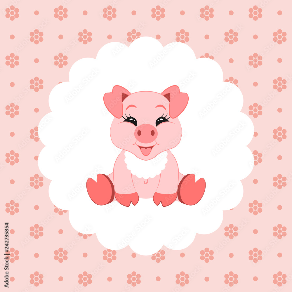 Cute baby pig in bib. Icon. Vector illustration. Flat design
