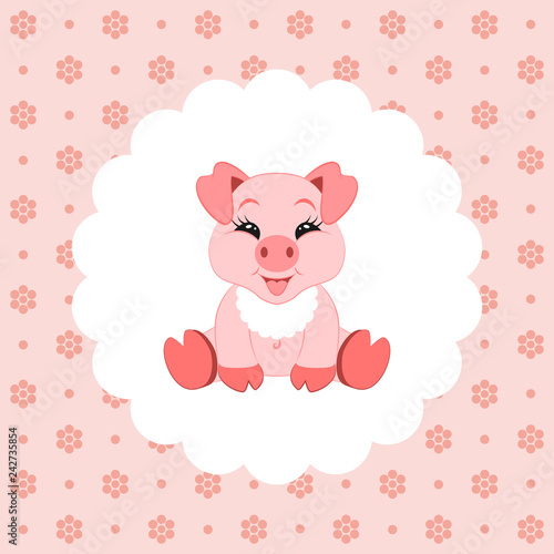 Cute baby pig in bib. Icon. Vector illustration. Flat design