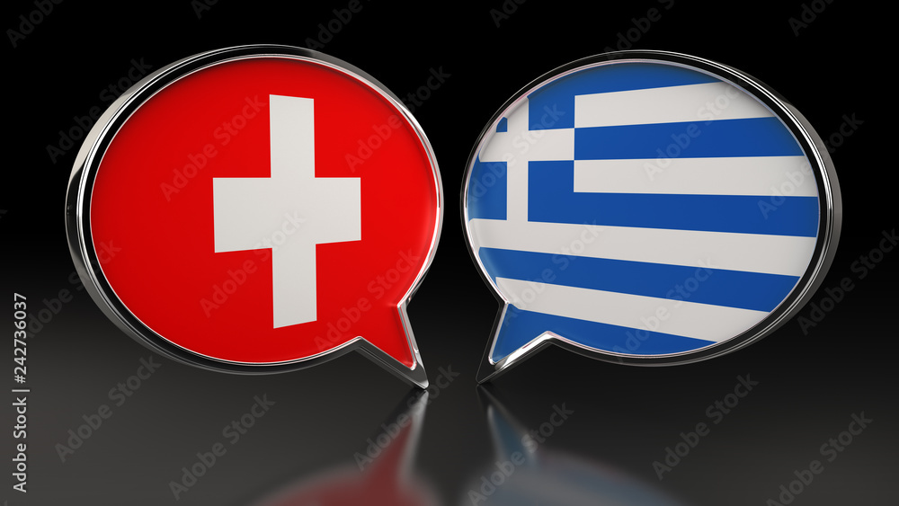 Fototapeta premium Switzerland and Greece flags with Speech Bubbles. 3D illustration