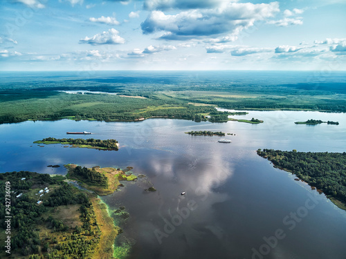 View on the valley of Volga river from the drone dji