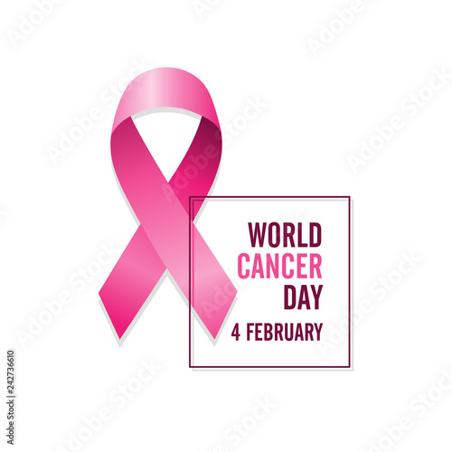 Pink cancer ribbon and date. International cancer awareness day