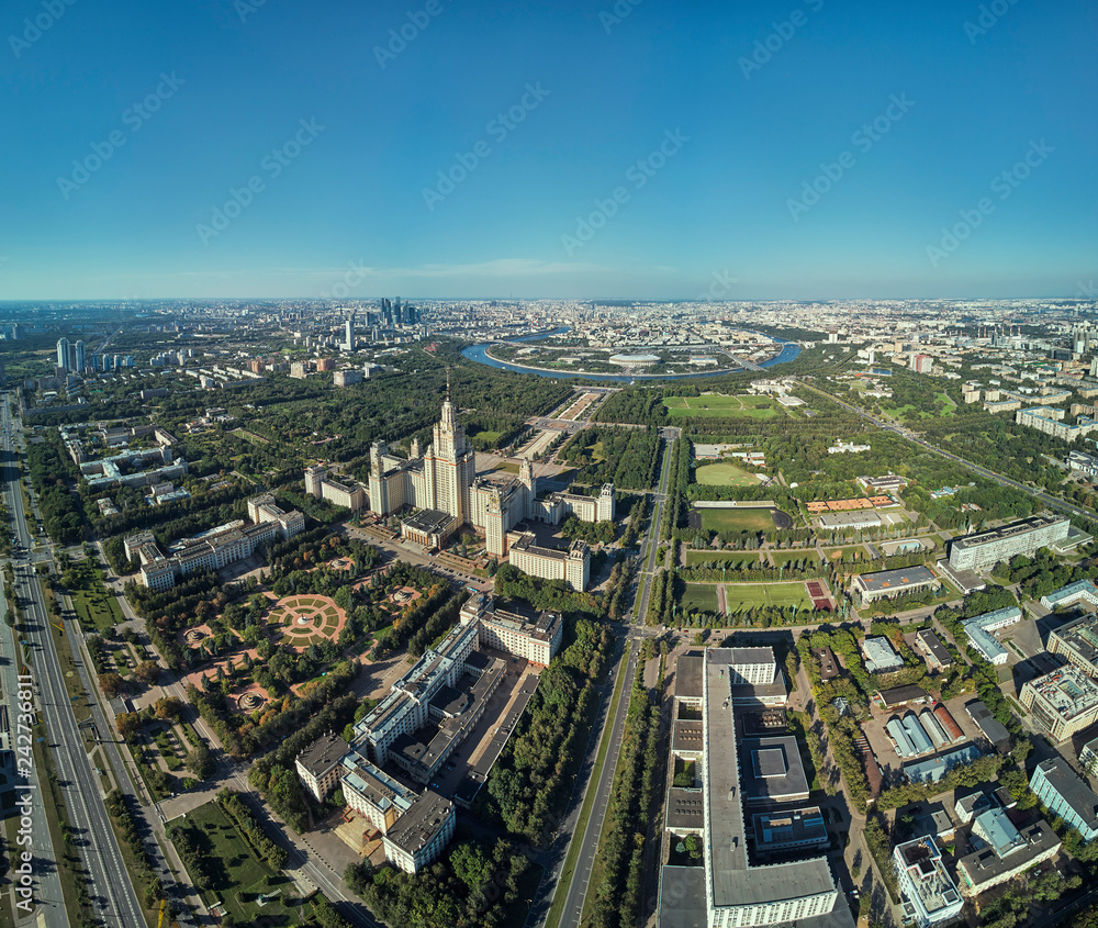 Aerial drone view of Lomonosov Moscow State University MGU, MSU on Sparrow Hills, Moscow, Russia. Beautiful park area