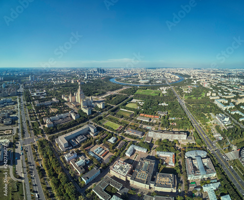 Aerial drone view of Lomonosov Moscow State University MGU, MSU on Sparrow Hills, Moscow, Russia. Beautiful park area