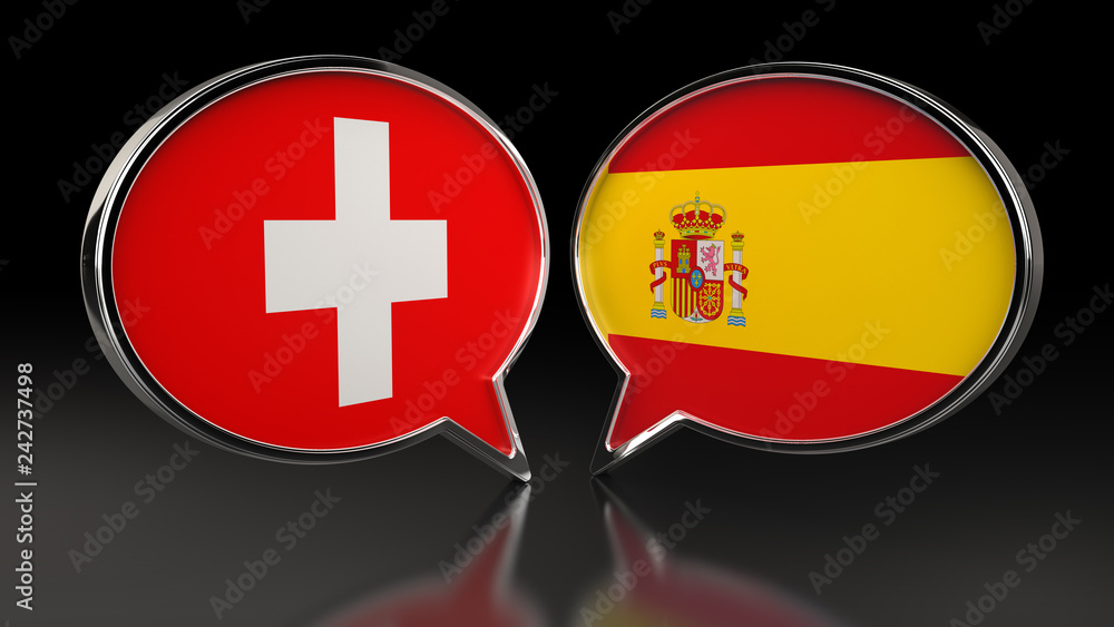Fototapeta premium Switzerland and Spain flags with Speech Bubbles. 3D illustration
