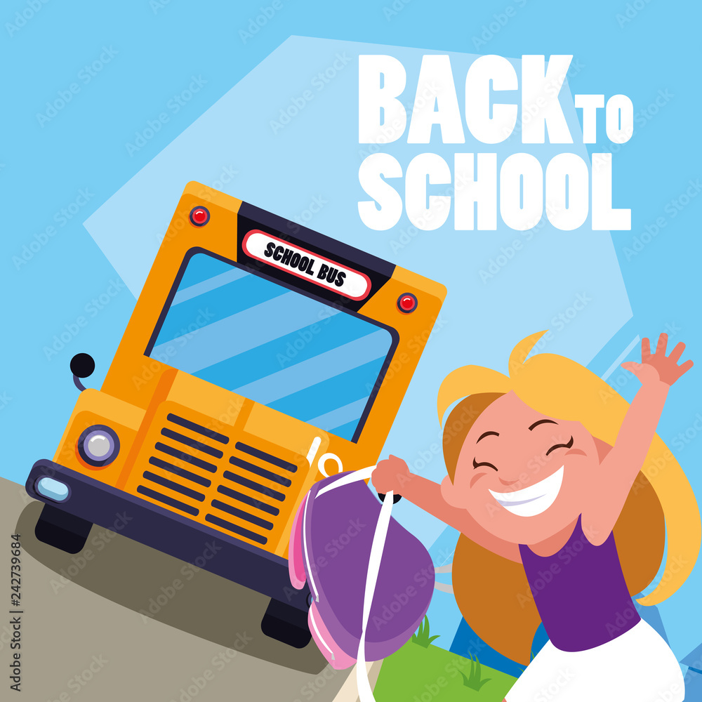 happy student girl in the school bus stop scene happy student girl in the school bus stop scene