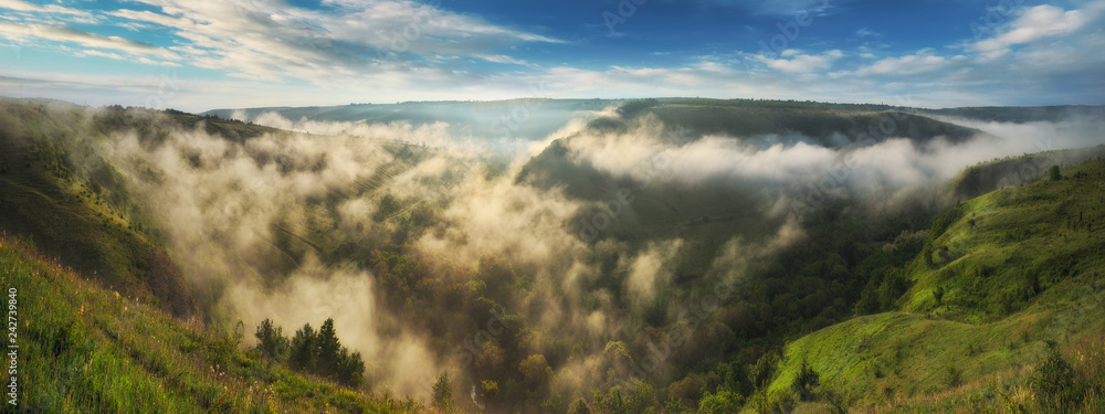 Fototapeta premium foggy canyon of a picturesque river. spring dawn