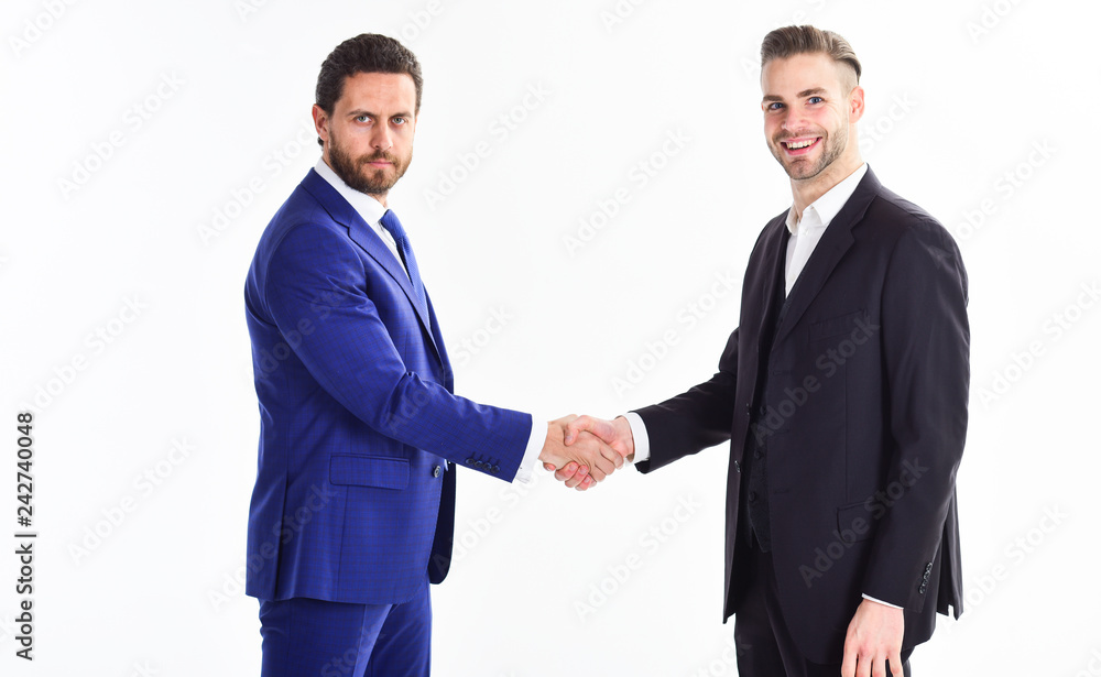 Collaboration of business people. Men shaking hands. Handshake sign of successful deal. Business meeting. Business deal leaders company. Capital merger. Glad to meet you. Thank you for cooperation