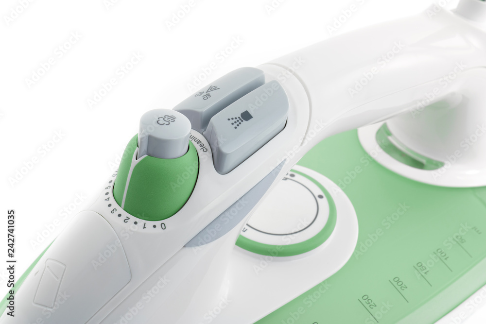 Steam iron laid on white background, elegant pastel green model Steam iron laid on white background, elegant pastel green model