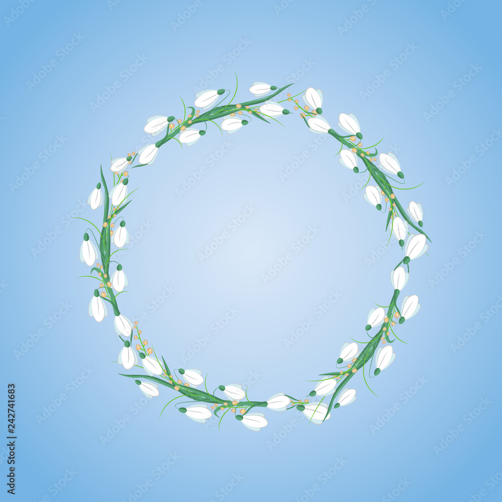 Fototapeta premium wreath of snowdrops and mimosa on blue background
