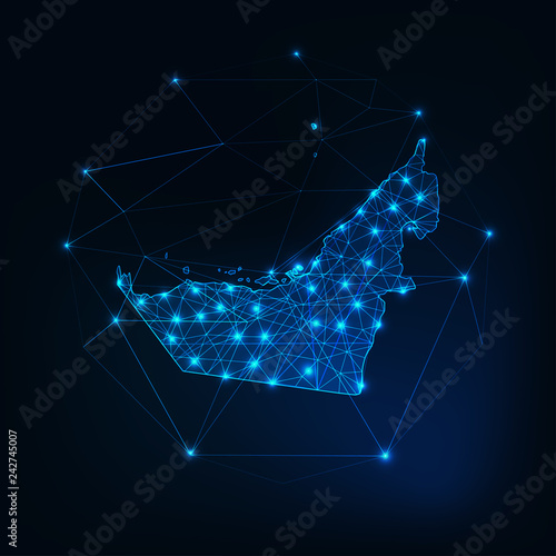United Arab Emirates map outline with stars and lines abstract framework.