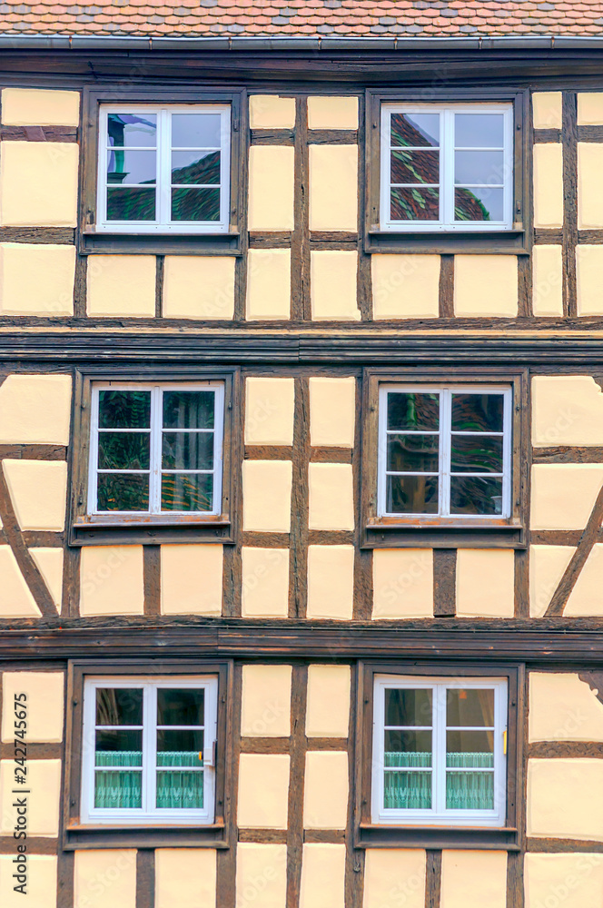 Facades of colorful houses in Alsace in northern France on a sunny day