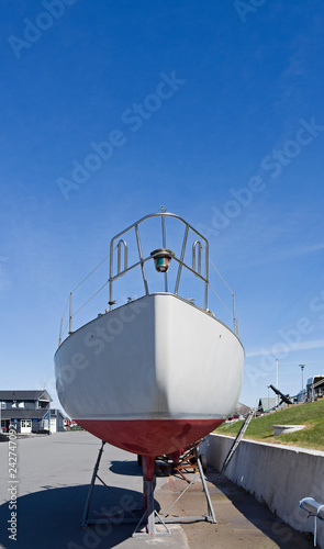 Laesoe / Denmark: Jacked up sailboat on the quay in Vesteroe Havn © torstengrieger